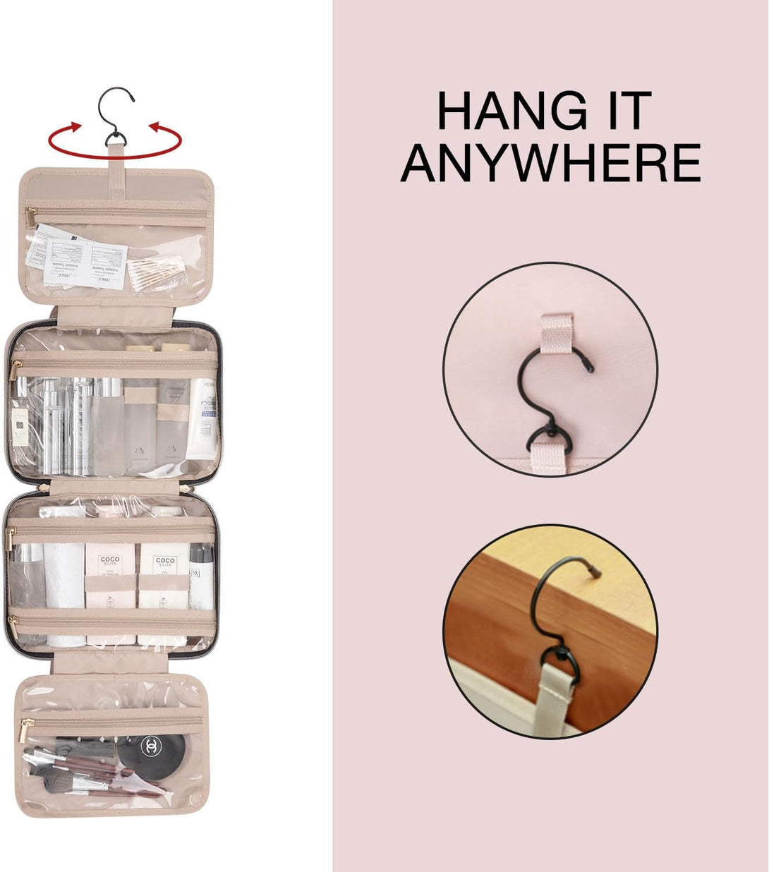 BAGSMART Toiletry Bag Travel Bag with Hanging Hook, Water-Resistant Makeup Cosmetic Bag Travel Organizer for Accessories, Shampoo, Full-Size Container, Toiletries (Camel, Large)