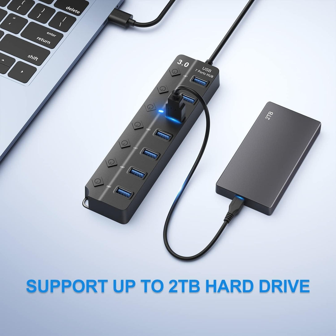 USB Hub 3.0, 7-Port USB Hub Splitter with Individual On/Off Switches and Lights, 3.2Ft/1M Long Cable Compatible with Macbook, Laptop, Surface Pro, PS4, PC, Flash Drive, Mobile HDD