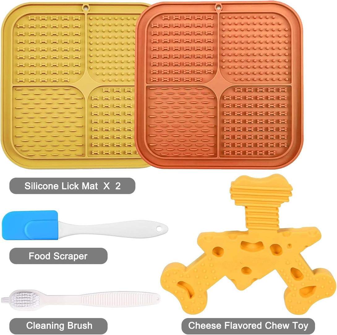 2Pcs Silicone Dog Lick Mat & Nylon Cheese Flavor Dog Chew Toys, Pet Slow Feeder Licking Mat for Butter Yogurt Peanut, Anxiety Relief Pet Supplies for Puppy Cat Kitten