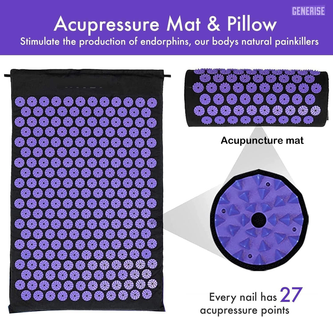 Acupressure Mat Generise Accupressure Body Mat and Pillow Set for Men & Women - Back, Neck and Muscle Pain Relief - Includes Travel Bag with Adjustable Strap (Black with Purple Spikes)