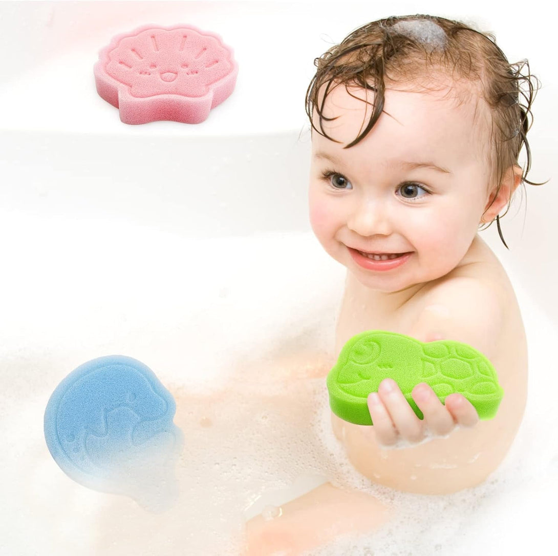 Baby Bath Sponge, Natural Cute Shapes Soft Shower Sponges for Bathing, Bathtub Foam for Infants and Toddler, 3Pcs : Blue Dolphin, Pink Shell, Green Turtle