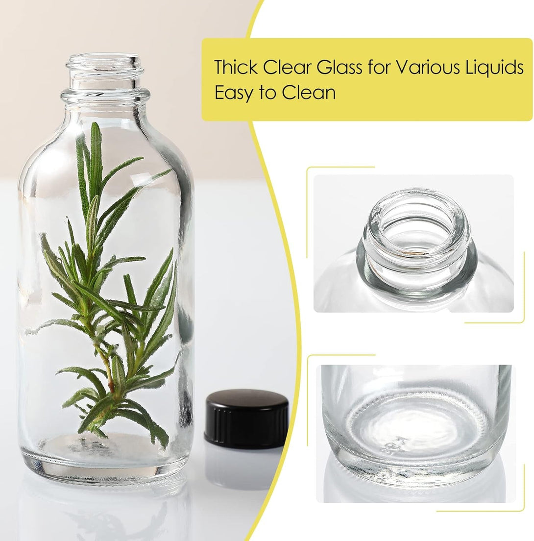 10 Pack, 4 Oz Small Clear Glass Bottles W/ Lids & 3 Stainless Steel Funnel - 120Ml Boston round Sample Bottle for Potion, Juice, Ginger Shot, Wellness, Oils, Whiskey, Liquids - Leakproof Travel Bottle
