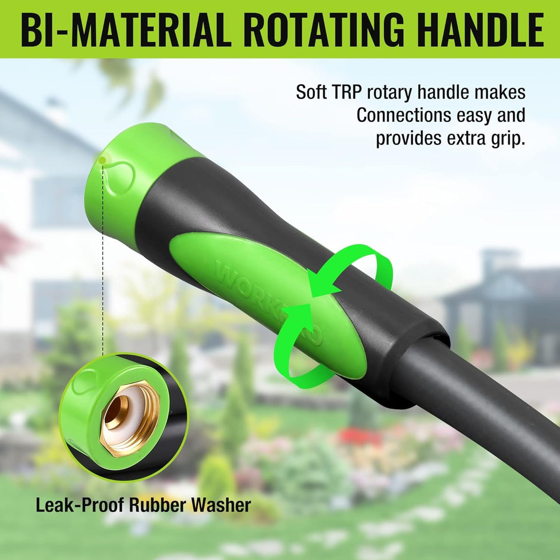 WORKPRO 5/8 in X 10 FT Garden Hose, Heavy Duty, Flexible, Lightweight Water Hose with Bi-Material 360° Rotation Handle, 3/4" GHT Solid Brass Fittings, for Outdoor, Lawn, Garden & Yard, Car Wash