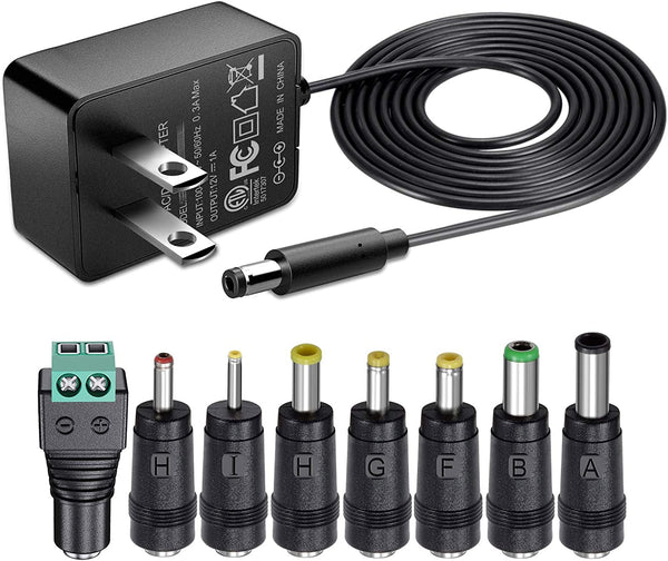 Soulbay 12V 1A AC Adapter Charger Replacement W/8 Tips, Regulated Power Supply Cord for LED Strip Light, CCTV Camera, BT Speaker, GPS, Webcam, Router, DC12V Transformer with ETL Certificate