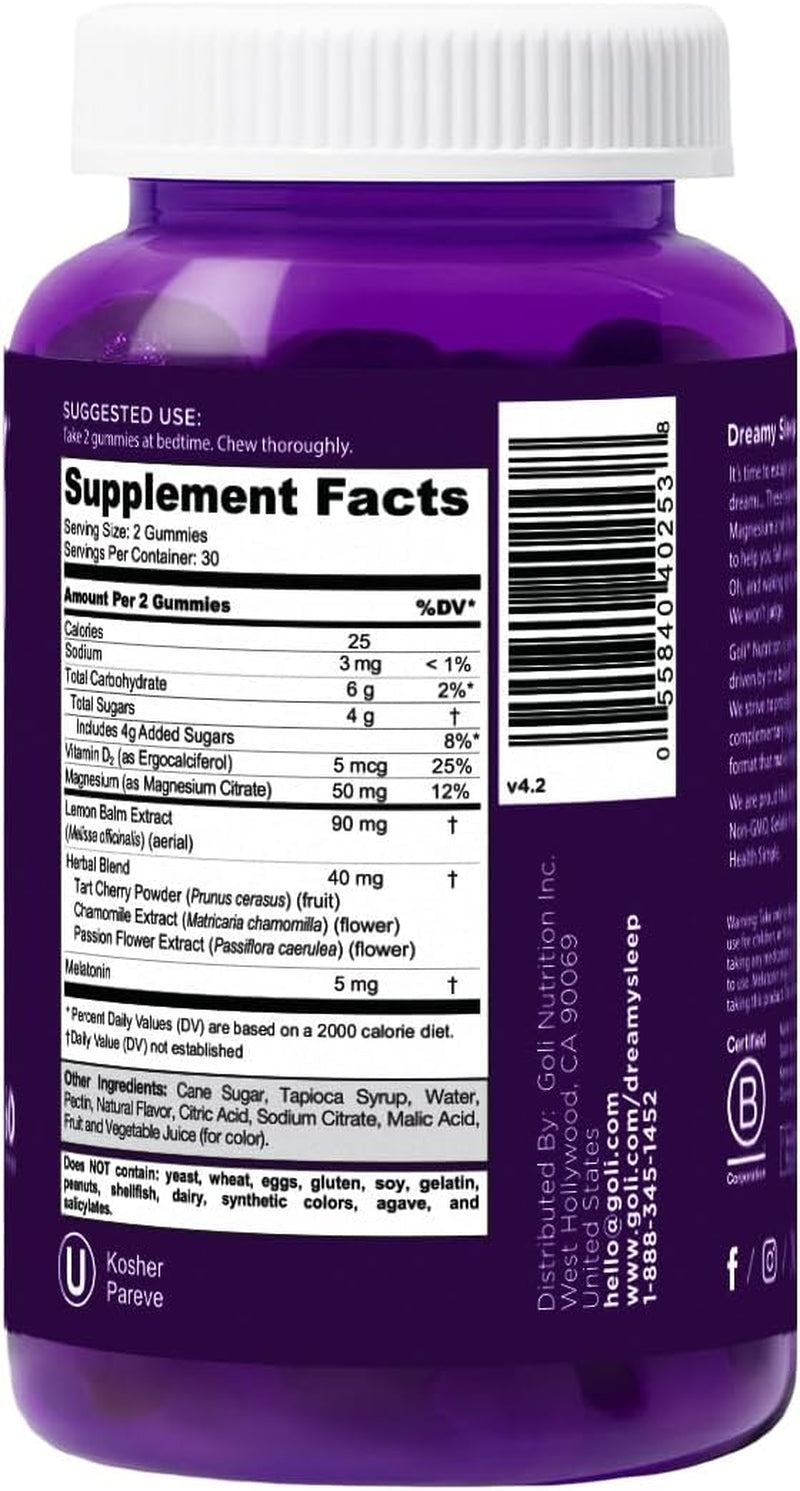 Goli Dreamy Sleep Gummy - 60 Count - Melatonin, Vitamin D, Magnesium, and Lemon Balm Extract - Gelatin-Free, Gluten-Free, Vegan & Non-Gmo
