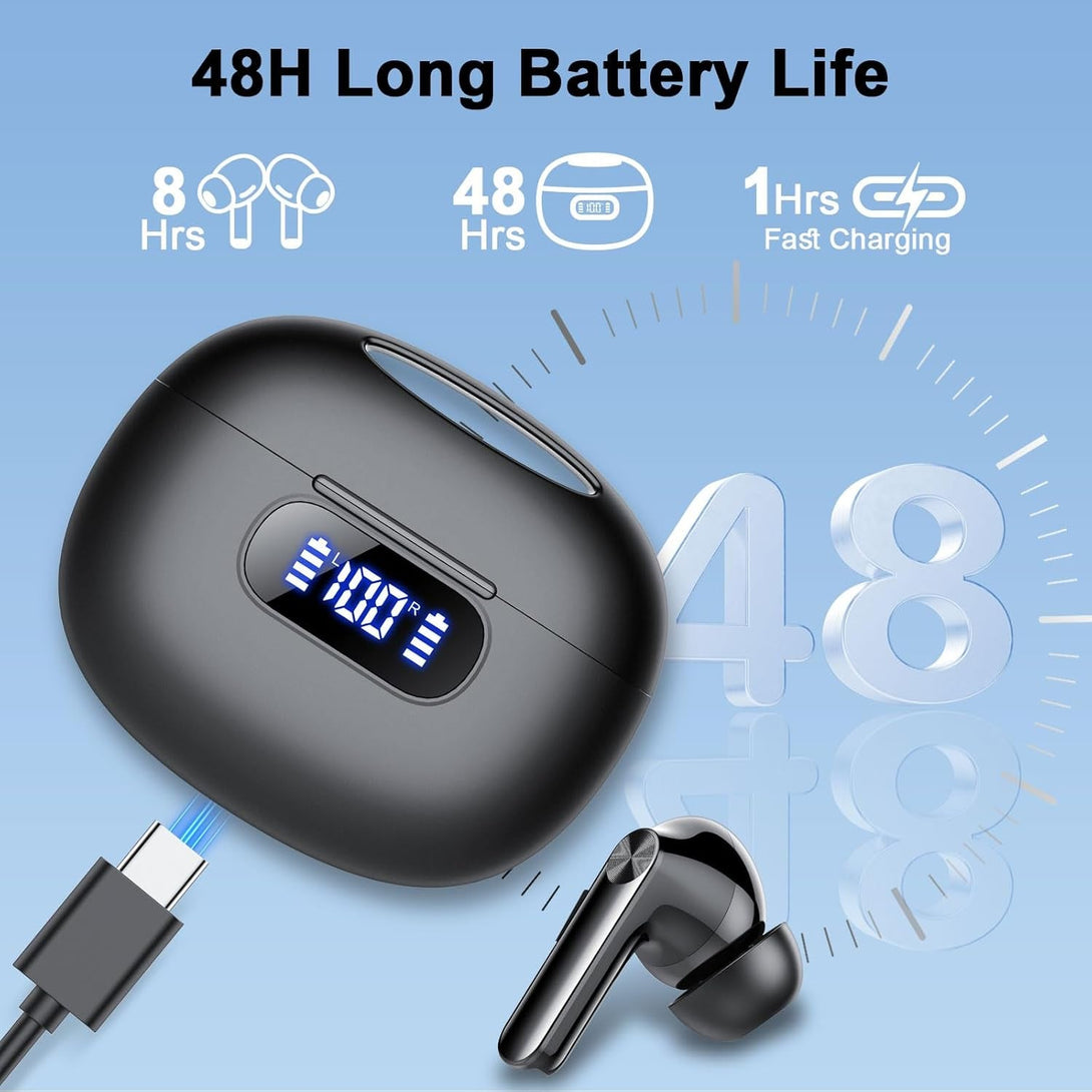 Wireless Earbuds, Bluetooth 5.3 Headphones LED Power Display, 2025 New Wireless Earphones, 4 ENC Noise Cancelling Mic, Hifi Stereo, 48H Playtime Mini Case IP7 Waterproof for Sport Walk