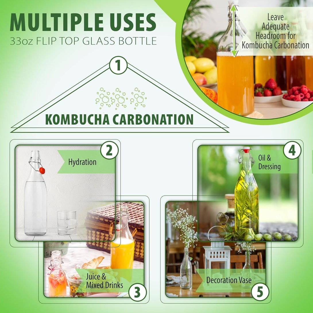 AYL Flip Top Glass Bottle [1 Liter / 33 Fl. Oz.] [Pack of 4] – Swing Brewing Bottle with Stopper for Beverages, Oil, Vinegar, Kombucha, Water, Soda, Kefir – Airtight Lid & Leak Proof Cap – Clear