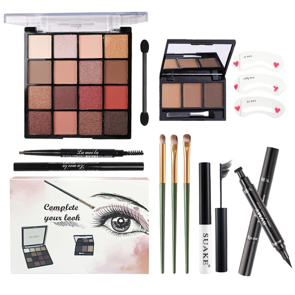 All in One Makeup Kit for Girls - 16 Colors Naked Eyeshadow Palette, 3Pcs Makeup Brushes, Waterproof Eyeliner Pencil, Eyebrow Powder,Eyebrow Pencil,Mascara, Women and Beginners Teens Makeup Gift Set