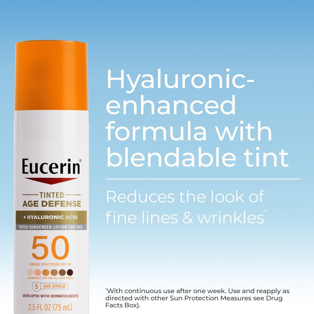 Eucerin Sun Tinted Age Defense SPF 50 Face Sunscreen Lotion with Hyaluronic Acid, Hypoallergenic, Non-Comedogenic Tinted Sunscreen SPF 50 Free of Fragrance, Oxybenzone and Octinoxate, 2.5 Fl Oz Bottle