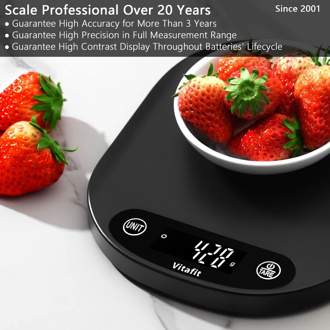 Vitafit 33Lb/15Kg Digital Food Scale Grams and Ounces in 1G/0.1Oz, High Accuracy Assured by Kitchen Scale Professional Factory since 2001, Gram Scale for Cooking and Baking, LED Display, 3*AAA, Black