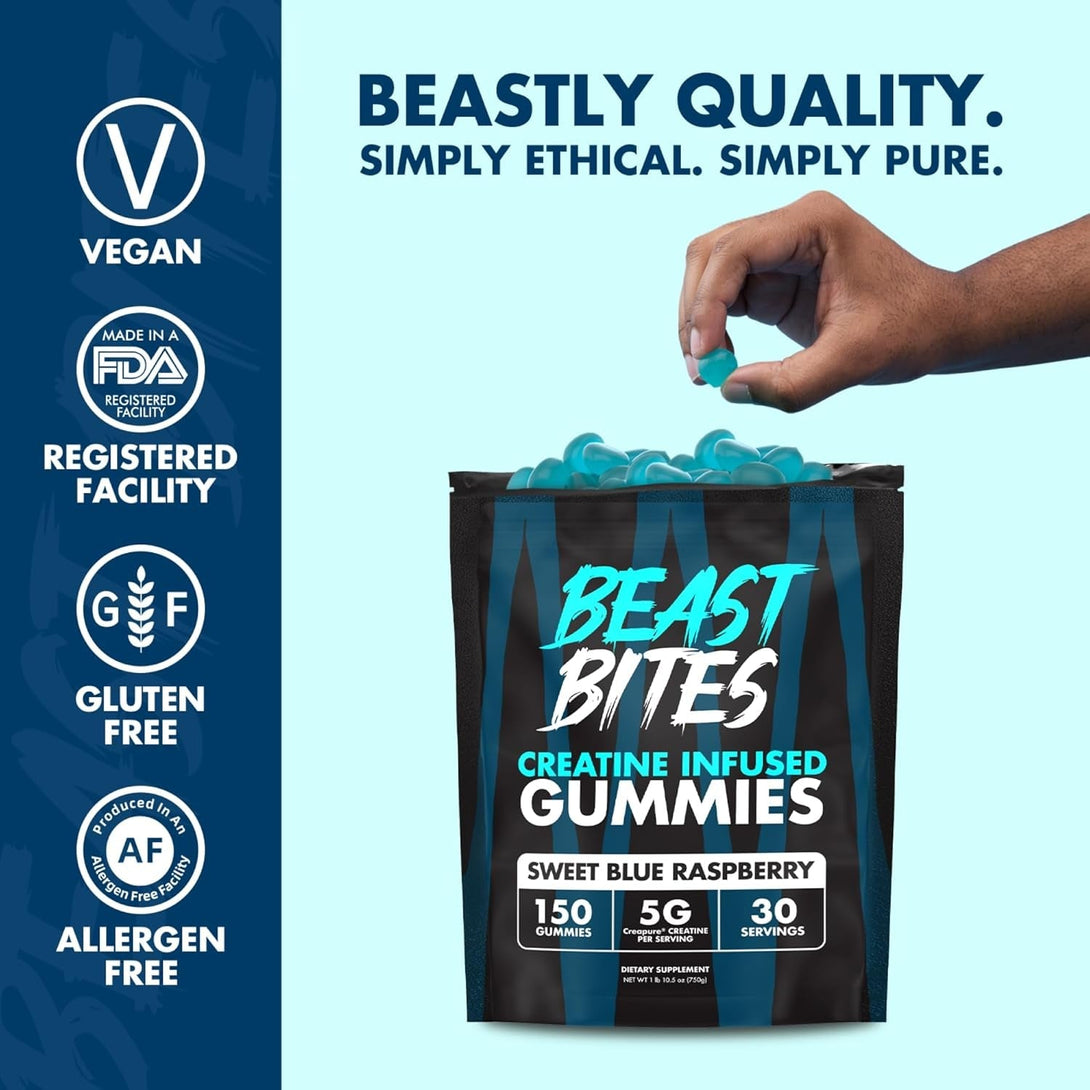 Creatine Gummies - 5G Creatine Monohydrate per Serving - Low-Calorie & Vegan - Made in the USA - Blue Raspberry Flavor - 30 Servings