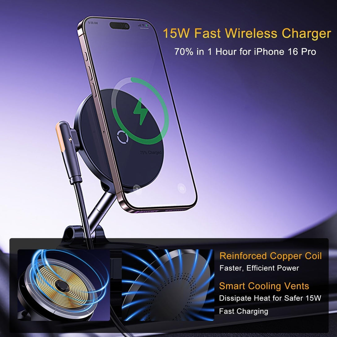 15W Wireless Charger Vacuum Magnetic Phone Holder for Magsafe, 360° Adjustable Suction Cup Phone Mount for Car Dashboard/Windshield, Vacuum Magnet Stand for All Smartphones