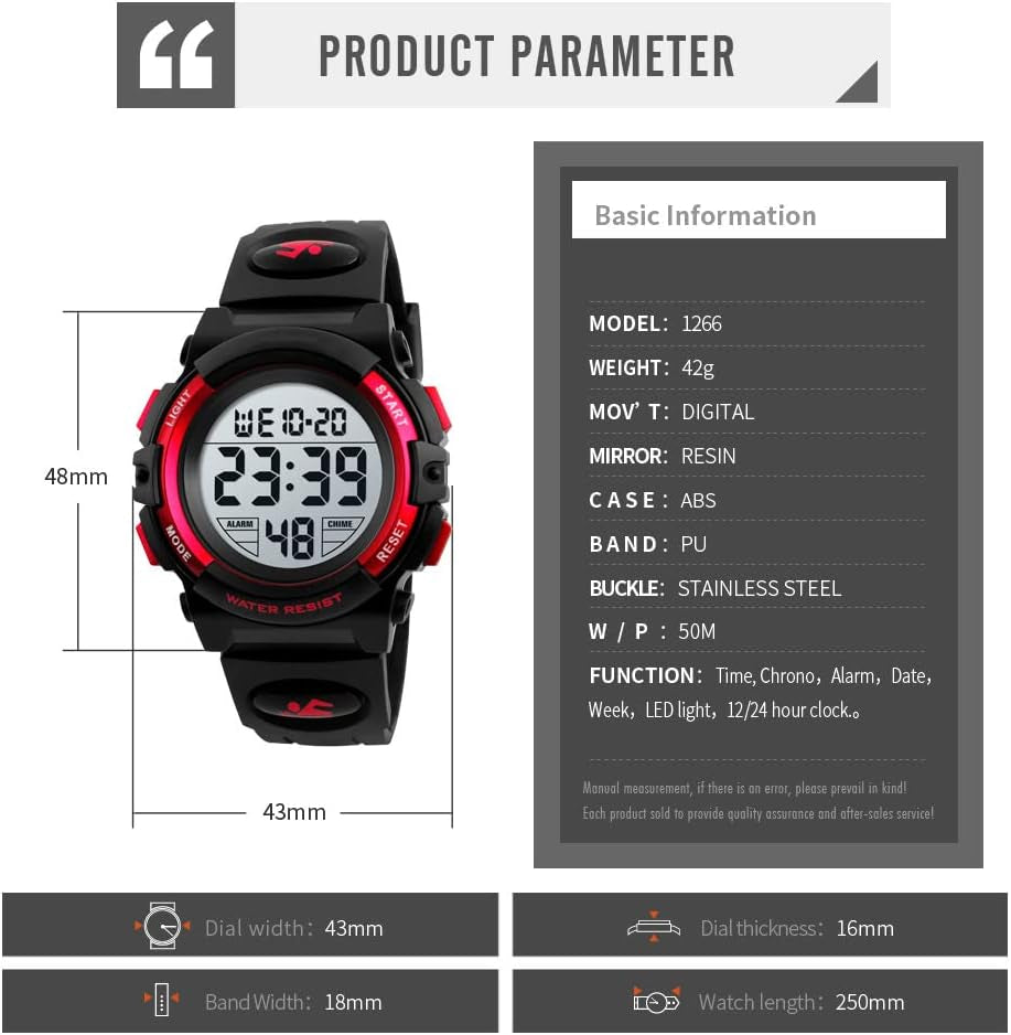 Dayllon Kids Digital Watch Boys Outdoor Sports 50M Waterproof Girls Watches Alarm Clock 12/24 H Stopwatch Calendar for Ages 3-15 Boy Girl Wristwatch Kids Gift