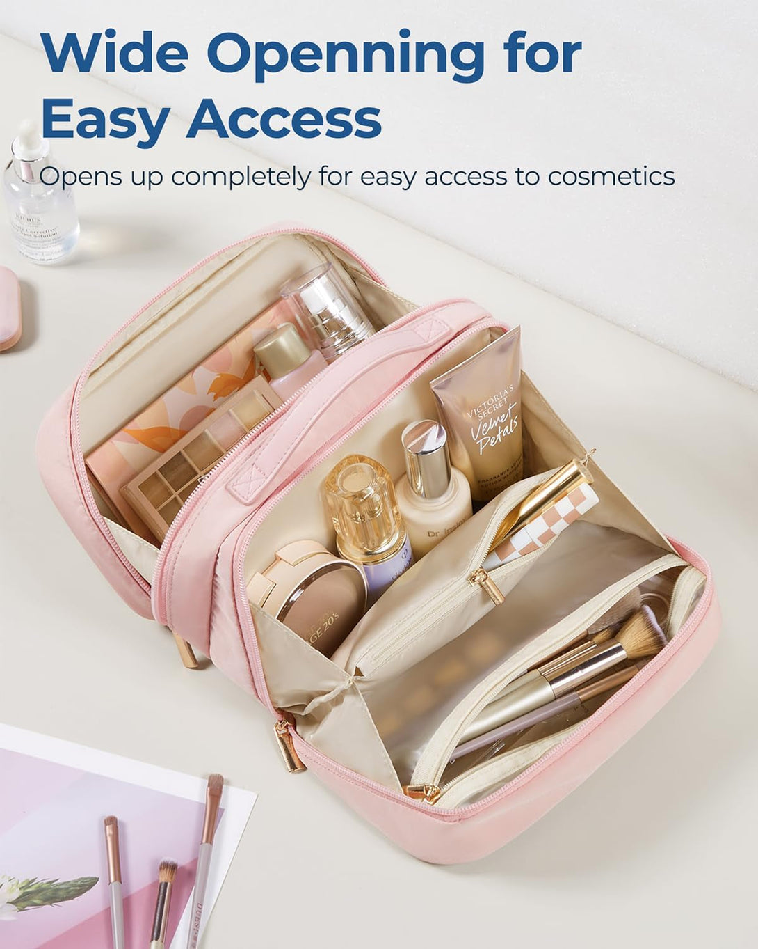 BAGSMART Travel Makeup Bag, Make up Bag with Multiple Compartments for Organizer, Compact & Durable Cosmetic Organizer for Women for Travel Accessories (Pink