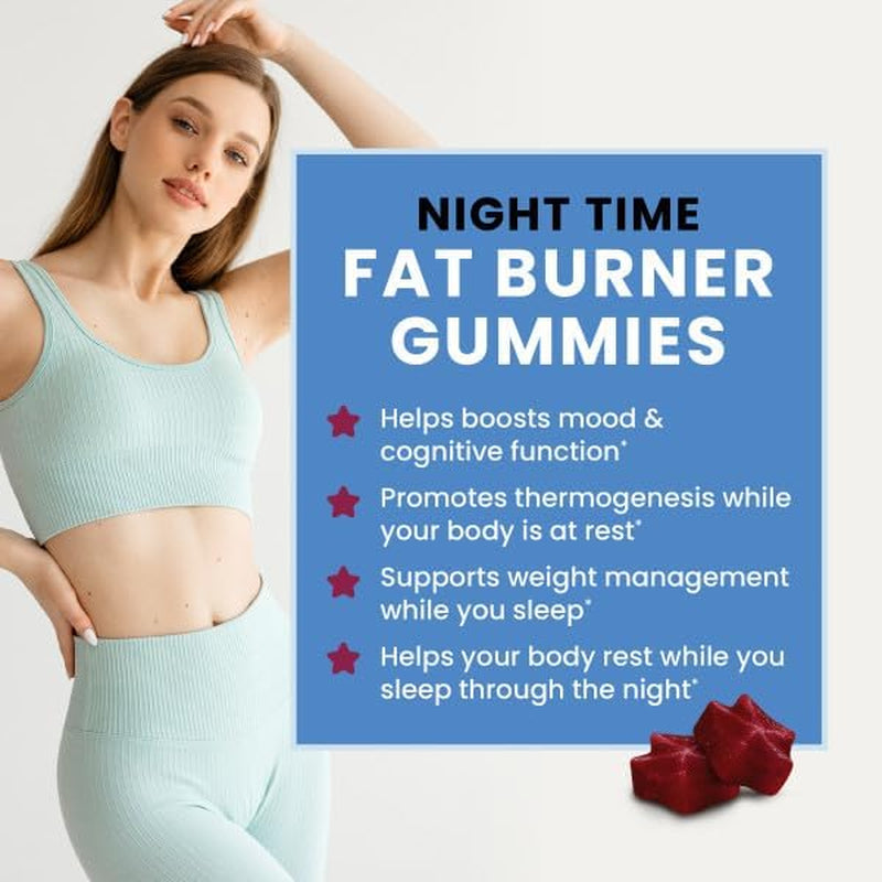 Night Time Fat Burner Gummies, Sleep Support & Weight Loss Supplement | Slimming Hunger Suppressant & Metabolism Booster, Shred Belly Fat While You Sleep | Nighttime Diet Gummies for Women & Men 60Ct