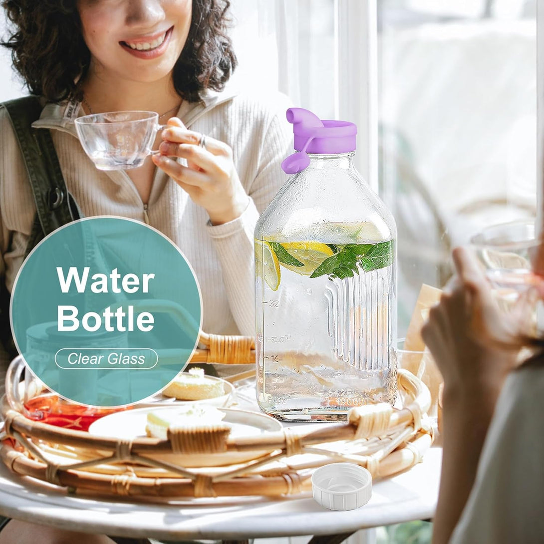 64 Oz Heavy Duty Glass Milk Bottle with Reusable Airtight Strong SCREW LID - 1/2 Gallon Water Bottles with Scale Lines - 2 Qt Glass Milk Jug Pitcher - Extra Gaskets & Handle!