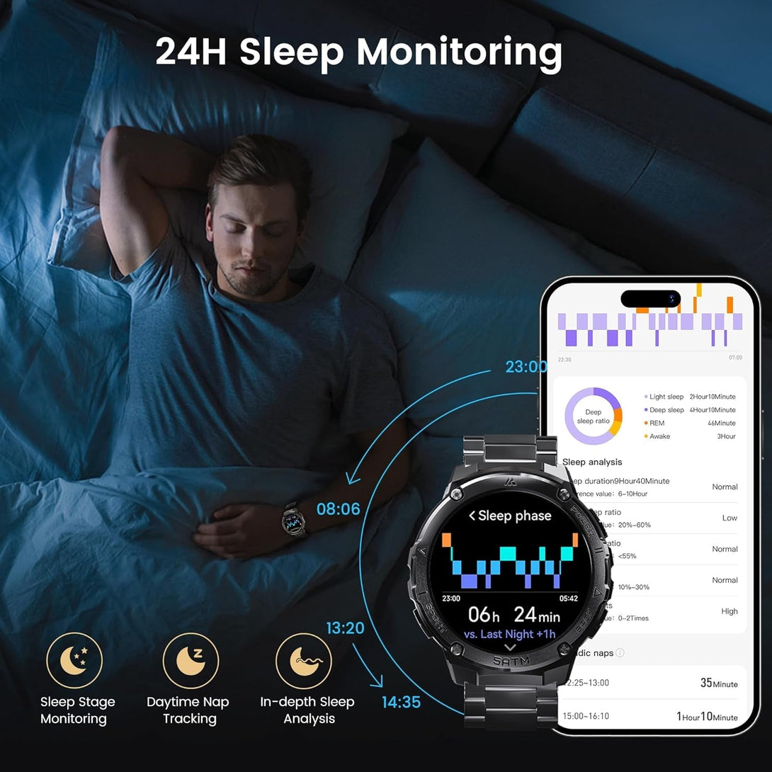 Smart Watches for Men GPS, Pressure,Altitude,Compass, 480Mah Extra-Large Battery, 50M Waterproof, Full Metal Body Rugged Smartwatch, Answer/Make Call,1.43" AMOLED Display(2 Bands)