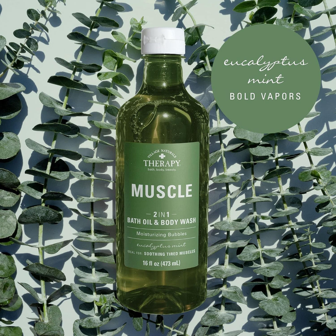Village Naturals Therapy Muscle Foaming Bath Oil and Body Wash 16 Oz. 2 Pack, Green, 16 Oz