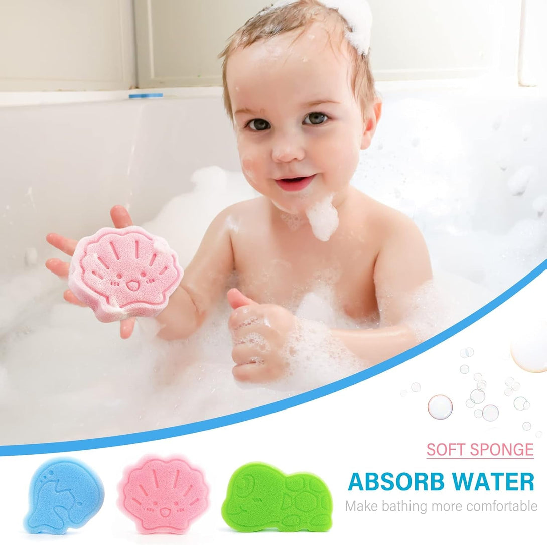 Baby Bath Sponge, Natural Cute Shapes Soft Shower Sponges for Bathing, Bathtub Foam for Infants and Toddler, 3Pcs : Blue Dolphin, Pink Shell, Green Turtle