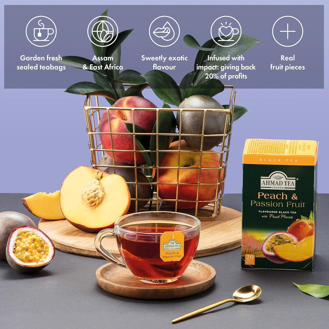 Ahmad Tea Black Tea, Peach and Passion Fruit Teabags, 20 Ct (Pack of 6) - Caffeinated and Sugar-Free
