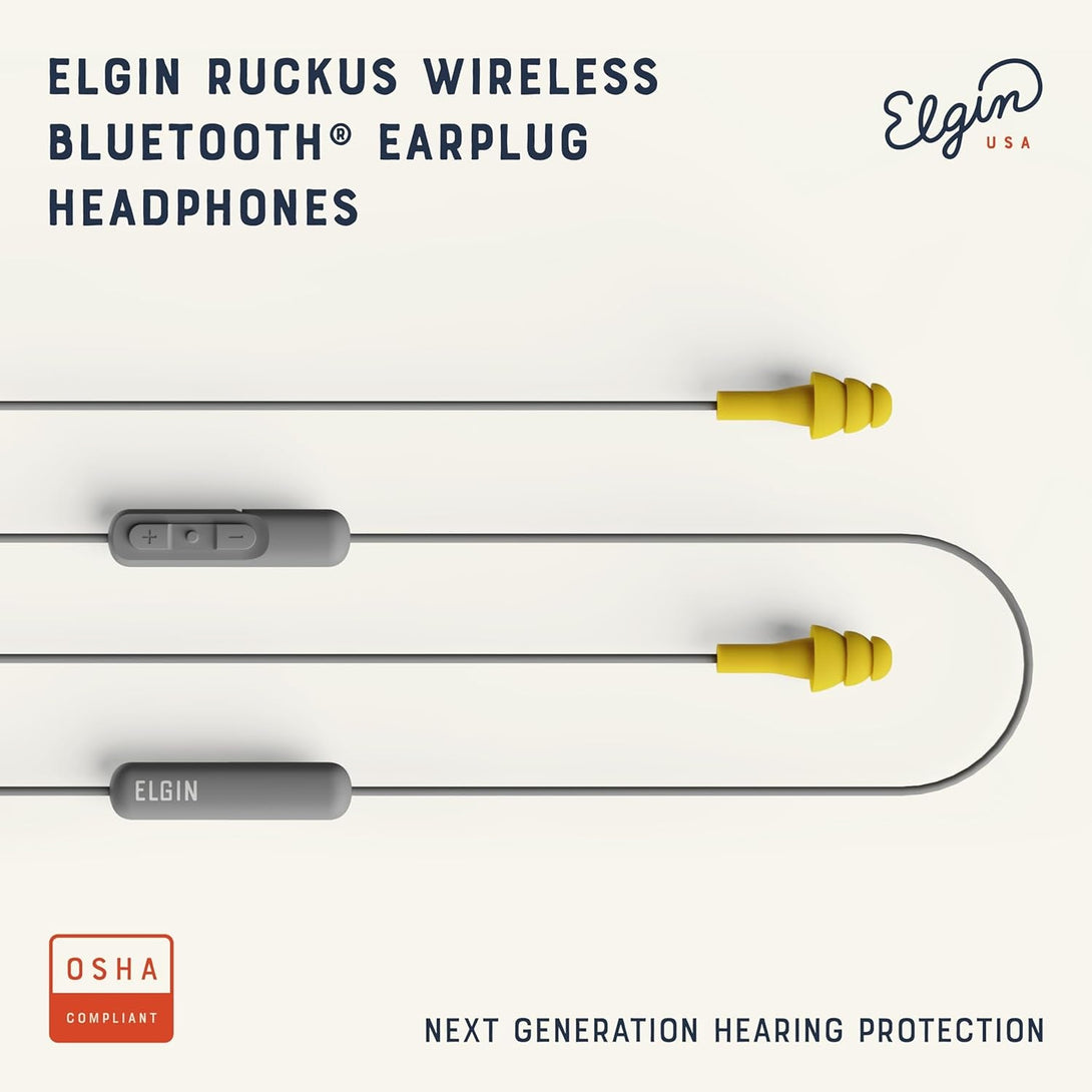 Elgin Ruckus Wireless Bluetooth Earplug Headphones, 25 Db NRR, Noise Canceling Mic, 12-Hour Battery, IP65 Sweatproof, Compliant with OSHA Hearing Safety Standards