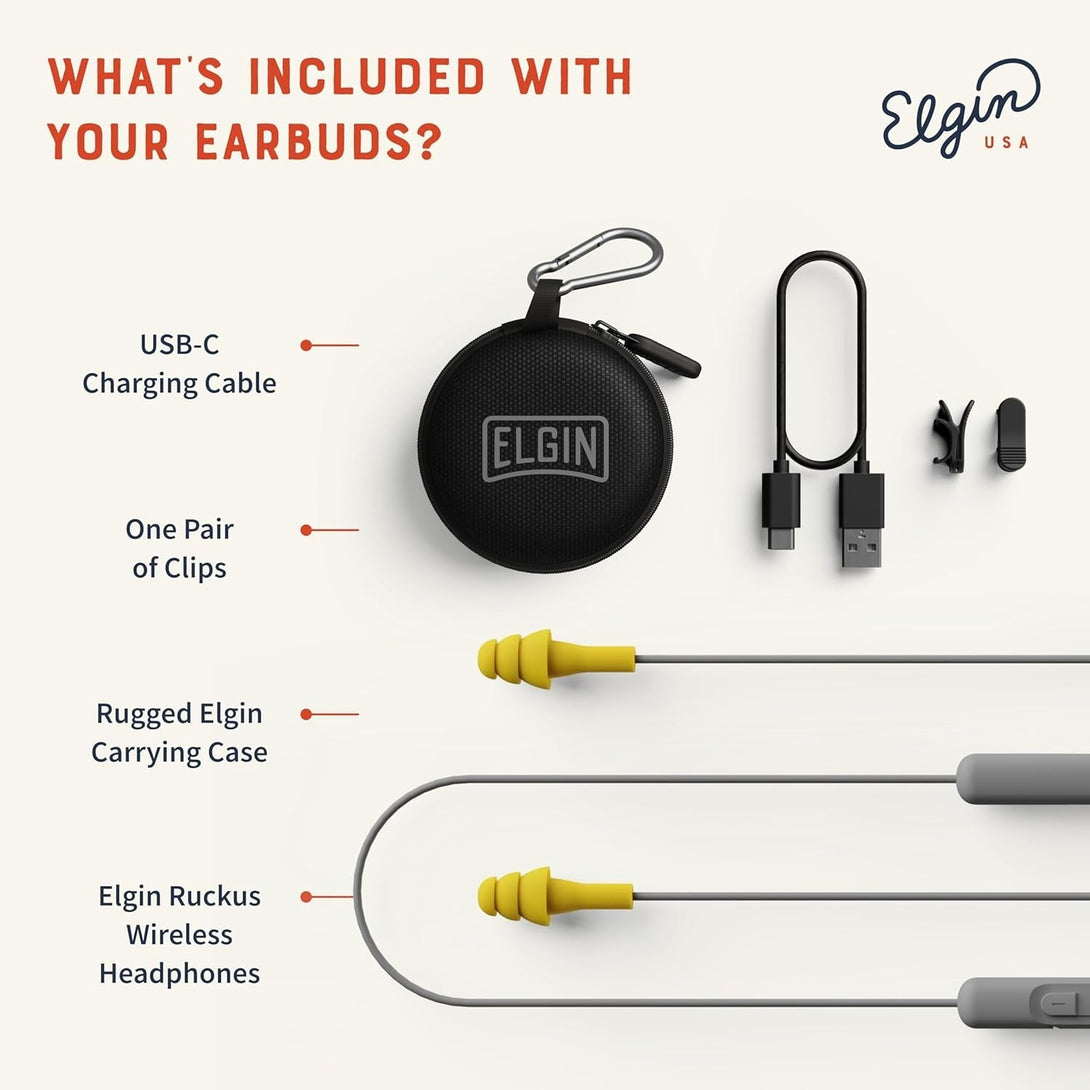 Elgin Ruckus Wireless Bluetooth Earplug Headphones, 25 Db NRR, Noise Canceling Mic, 12-Hour Battery, IP65 Sweatproof, Compliant with OSHA Hearing Safety Standards