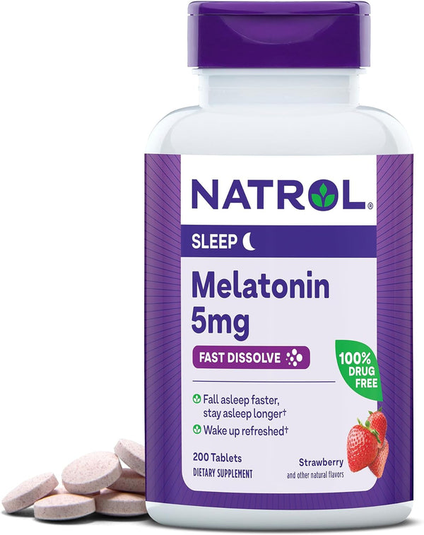 Natrol Melatonin 5Mg Fast Dissolve Tablets, Sleep Support Supplements for Adults, Strawberry Flavor, 200 Tablets, up to 200 Day Supply