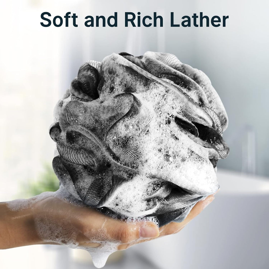 Amazerbath Loofah Sponge, Shower Loofah for Men and Women - Body Scrubber Loofa Set of 3 Classic Black & White Edge, Bath Sponge 60G/Pcs