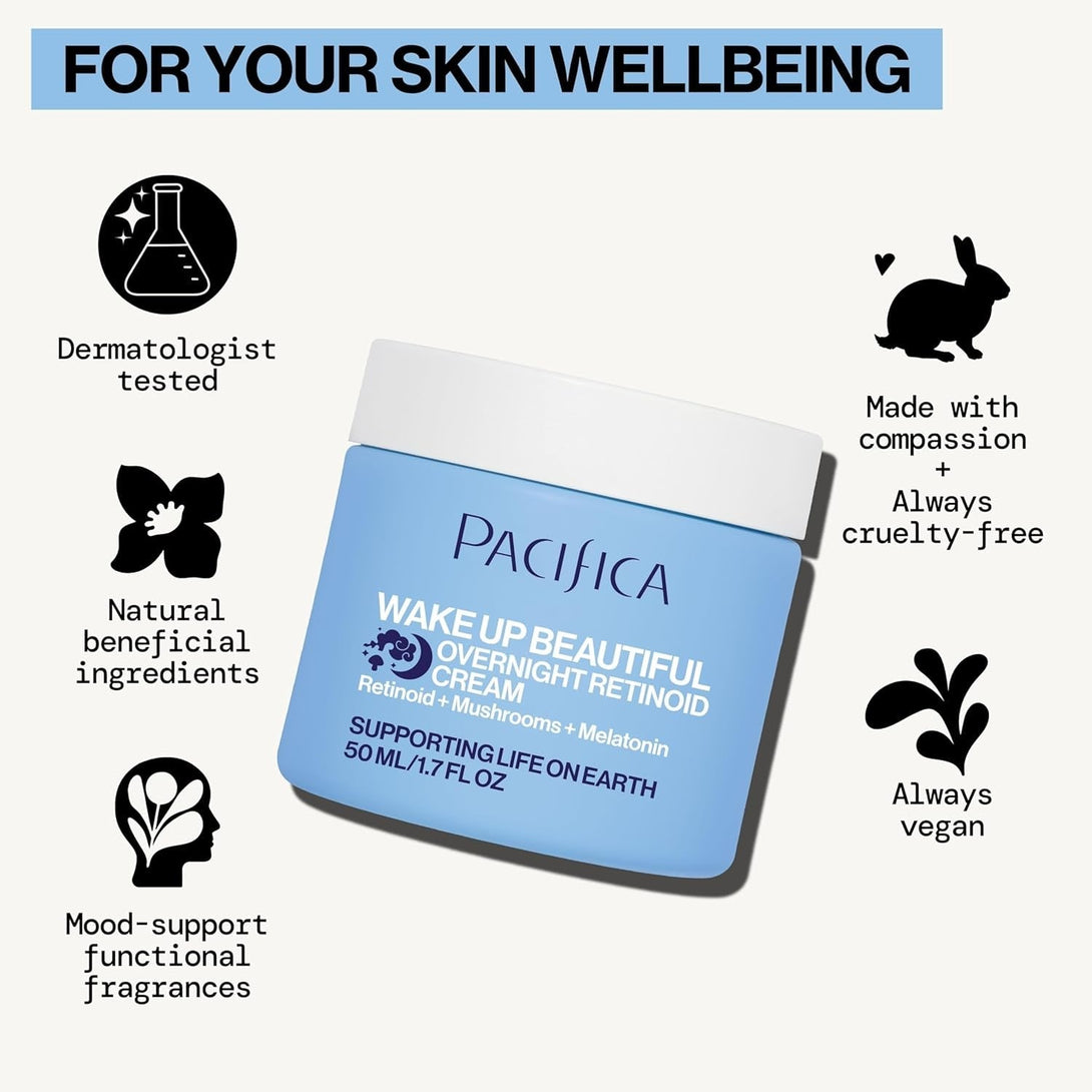 Pacifica Wake up Beautiful Retinoid Night Cream – Overnight Anti-Aging Moisturizer with Hyaluronic Acid & Melatonin, Reduces Wrinkles & Fine Lines, Hydrating and Gentle for Dry or Mature Skin, Vegan
