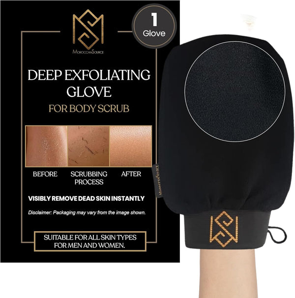 Exfoliating Glove Kessa Mitt Body Scrubber - Dead Skin Remover Shower Glove for Dead Skin Scrubbing and Deep Pore Cleansing - by Moroccansource (1 Pack Black)