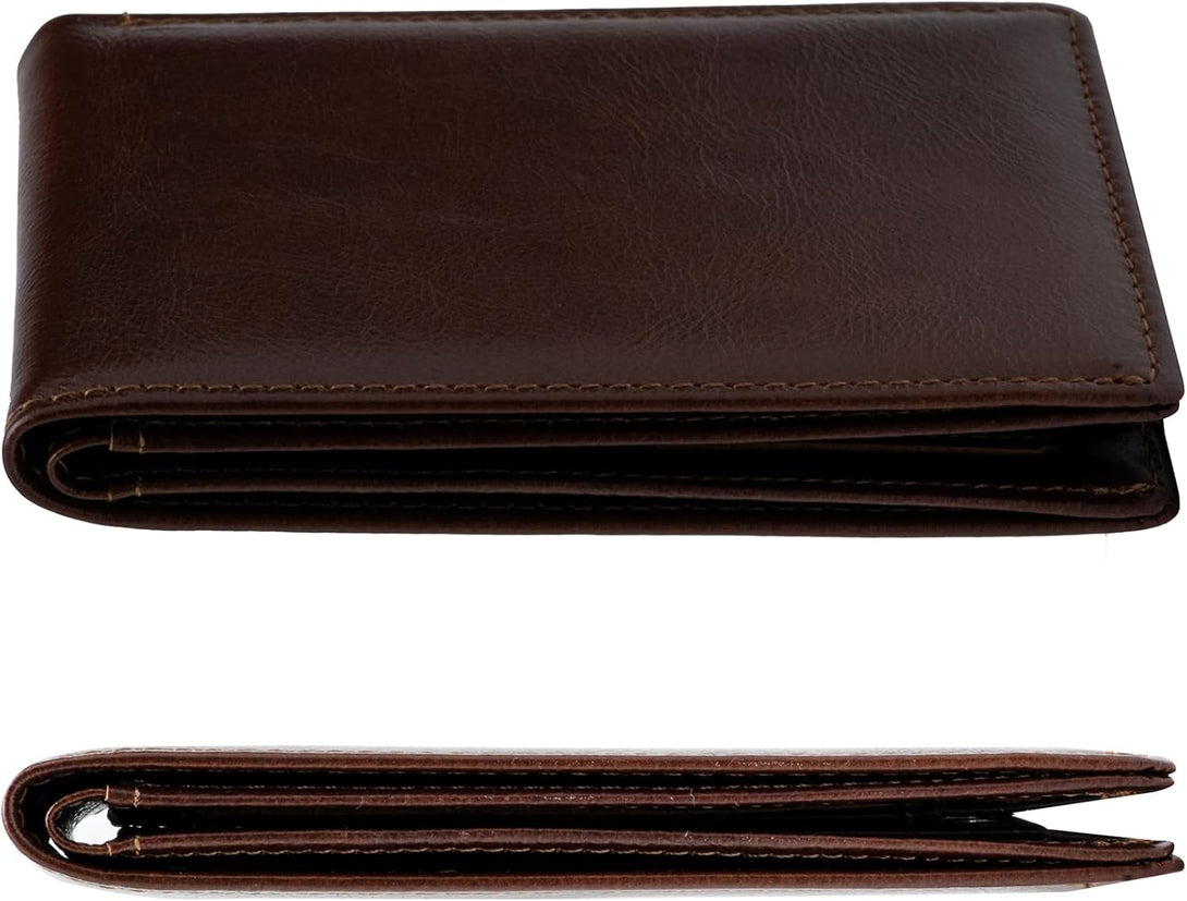 Slim Minimalist Mens Bifold Wallet, RFID Blocking Genuine Leather Wallet for Men with ID Window and 8 Cards Slot.（Coffee）