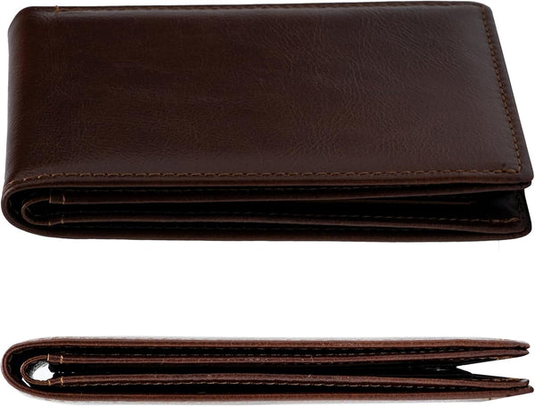 Slim Minimalist Mens Bifold Wallet, RFID Blocking Genuine Leather Wallet for Men with ID Window and 8 Cards Slot.（Coffee）