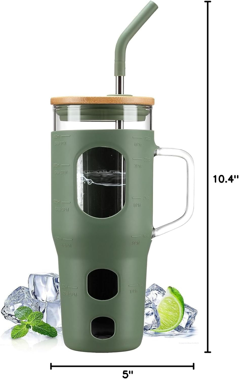 32 Oz Glass Tumbler with Lid and Straw,Glass Water Bottles with Handle,Glass Cup with Time Marker and Silicone Sleeve, Fits in Cup Holder BPA Free-Olive