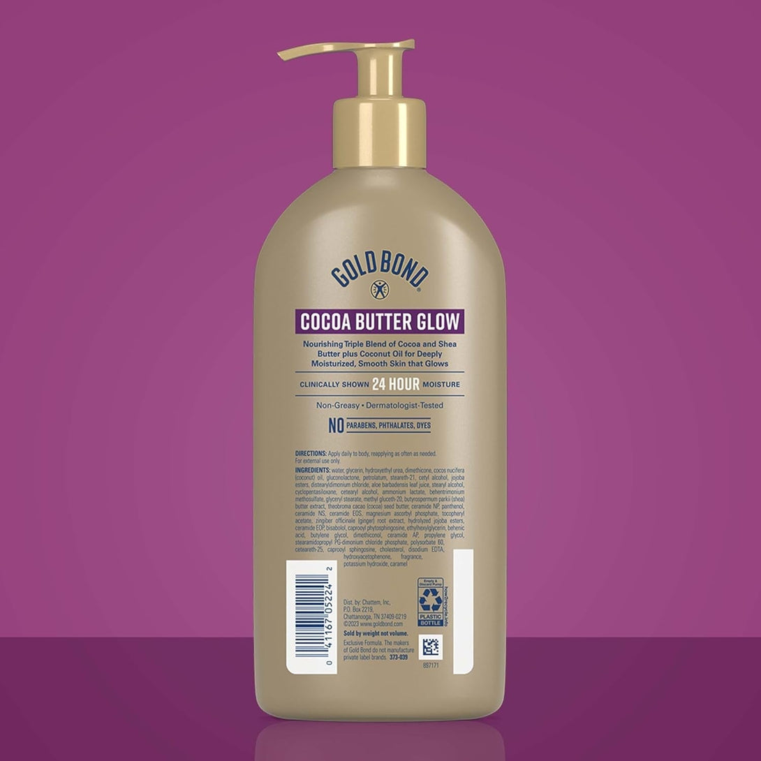 Gold Bond Cocoa Butter Glow Daily Hydrating Lotion with Shea Butter, Cocoa Butter & Coconut Oil, Exfoliating Moisturizer for Dry Skin, 14 Oz.