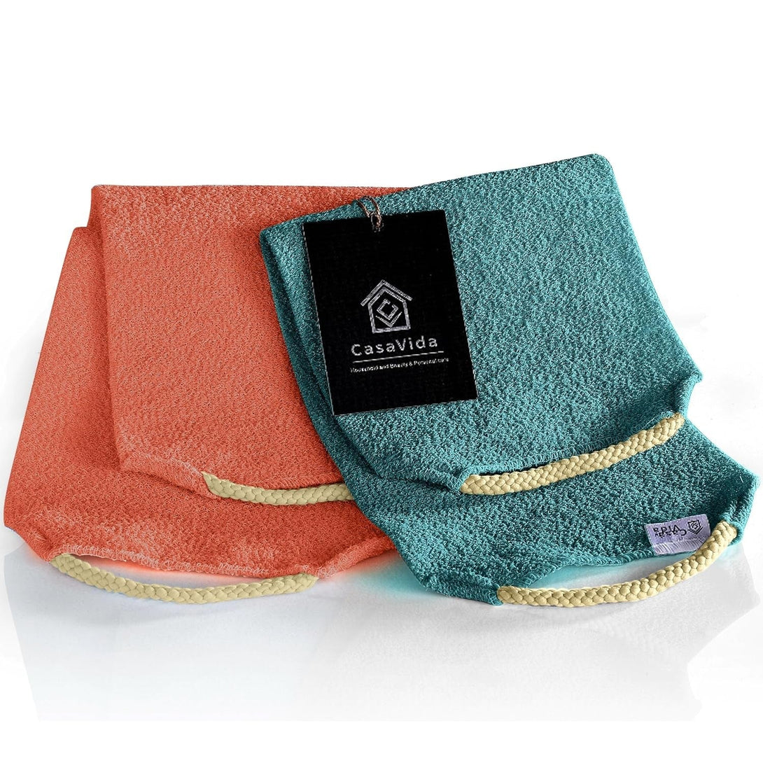 CASAVIDA Back Scrubber for Shower Nylon Bath Towel Washer Exfoliating Washcloth Rear Japanese Stretchable Strap Wash Cloth Body Exfoliation 2 Pack (Rose Pink + Lake Blue)