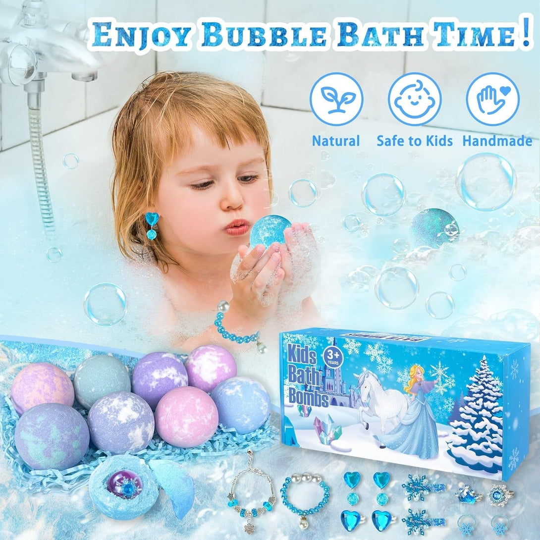 Bath Bombs for Kids with Surprise Inside, 8 Pack Bath Bombs with Frozen Toys, Princess Jewelry & Cross-Body Bag, Natural Fizzy Bubble Bath Balls with Jewelry Set, Christmas Birthday Gift for Girls