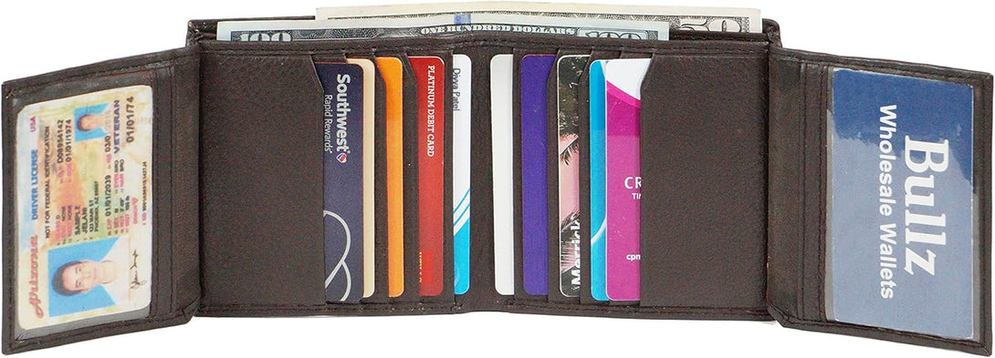 Bullz Genuine Nappa Cow Leather Thick Dual Credit Card ID Flap Quad Fold Large Bifold Mens Wallet Passcase RFID
