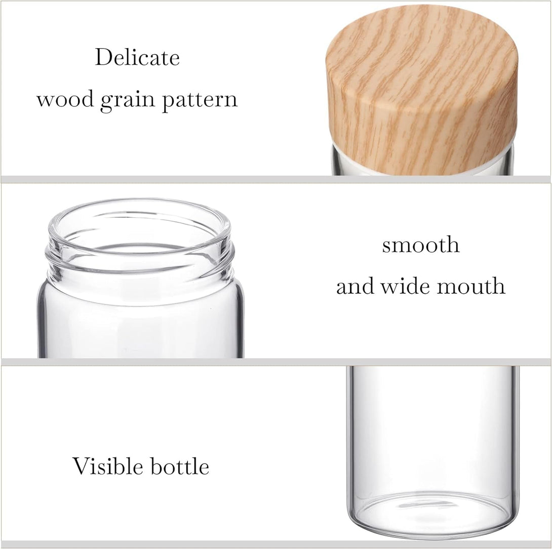 Nuogo 6 Pack Glass Bottles with Lids 12 Oz Juicing Bottles Reusable Wide Mouth Glass Cups Airtight Leak Proof Drinking Milk Water Tea Cups for Storage(Wood)