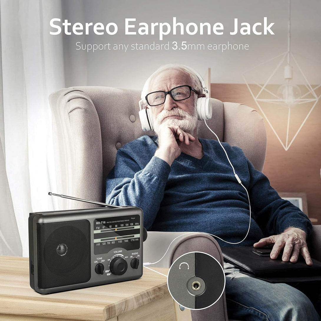 AM FM Portable Radio Battery Operated by 4X D Cell Batteries or AC Power Transistor Radio with and Big Speaker, Standard Earphone Jack, High/Low Tone Mode, Large Knob