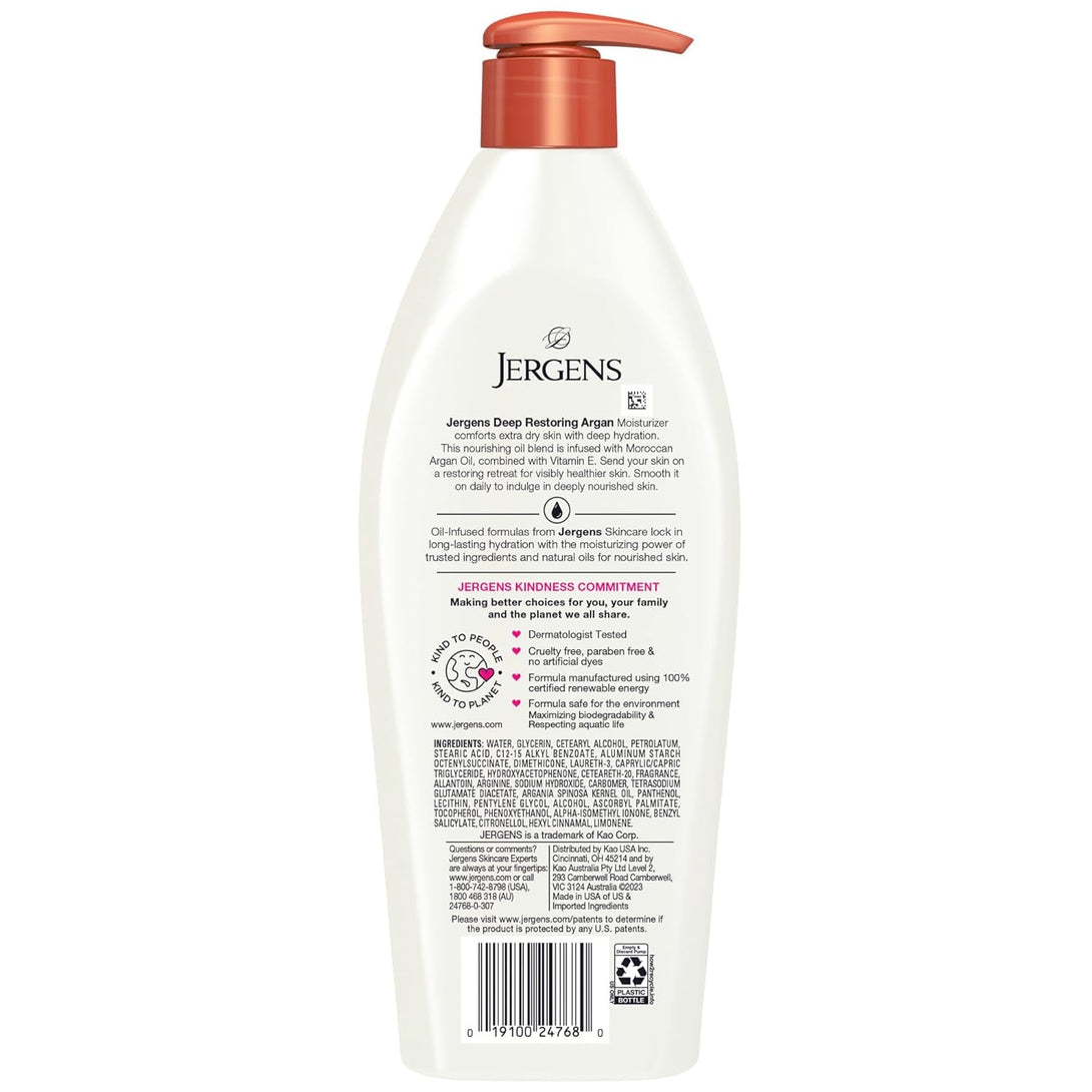 Jergens Deep Restoring Argan Oil Moisturizer, Soothing Body and Hand Lotion with Reviving Argan Oil and Vitamin E, Oil-Infused, Dermatologist Tested, 16.8 Oz