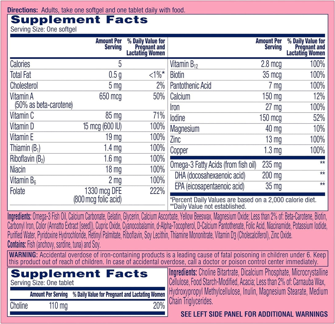One a Day Womens Prenatal Advanced Complete Multivitamin with Brain Support* with Choline, Folic Acid, Omega-3 DHA & Iron for Pre, during and Post Pregnancy, 30+30 Count (60 Total Set)