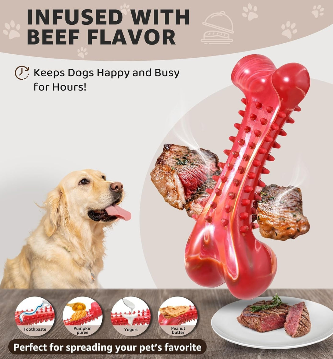 Dog Chew Toy for Aggressive Chewers, Tough Natural Rubber Bone with Irresistible Beef Flavor, Long-Lasting Teeth Cleaning & Reduce Boredom, Durable Dog Dental Toy for Small Medium Large Breeds