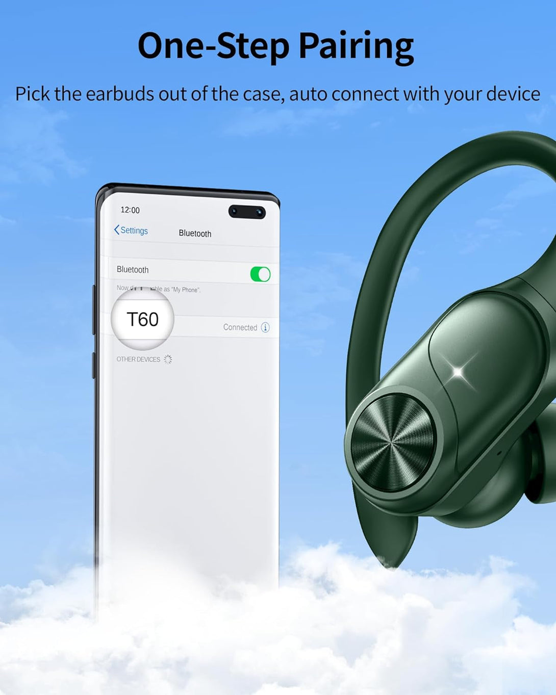 Pocbuds Bluetooth Headphones Wireless Earbuds 80Hrs Playtime Wireless Charging Case Digital Display Sports Ear Buds with Earhook Deep Bass IPX7 Waterproof Over-Ear Earphones for TV Phone Laptop Olive