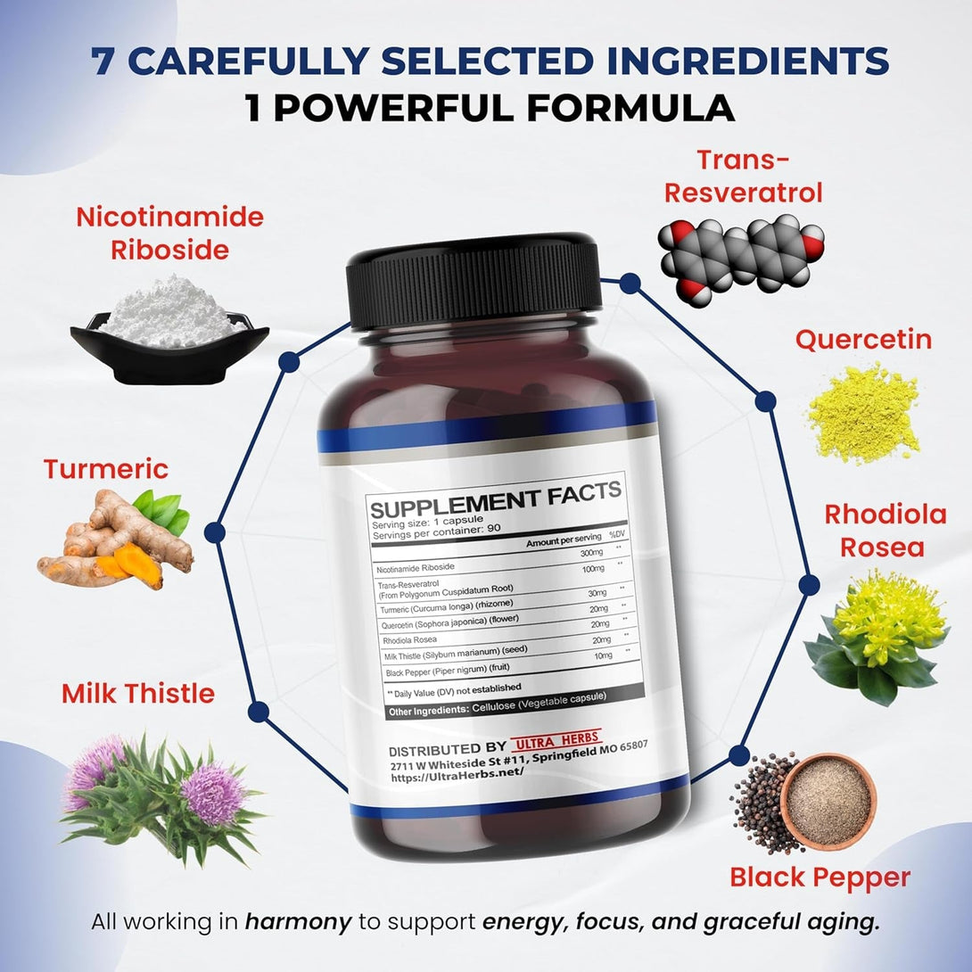 NAD+ Supplement with Nicotinamide Riboside NR, Trans Resveratrol, Quercetin - Support Cellular Energy, Longevity, Healthy Aging *USA Made & Tested* (90 Count (Pack of 1))