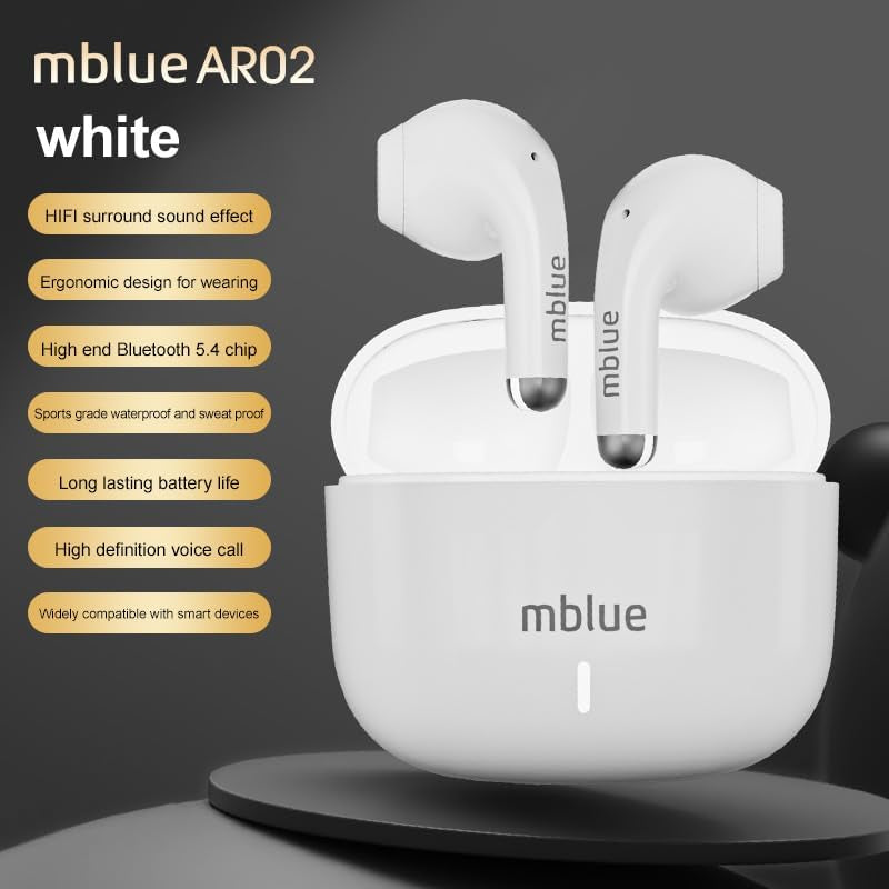 MBLUE AR02 Bluetooth Earbuds, 50H Playtime, ENC Noise Cancelling, 13Mm Bass Driver, Touch Control, Wireless Earphones for Sports, Workouts, Calls, Gaming (White)