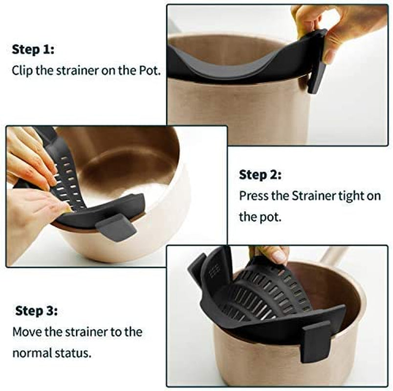 AUOON Clip on Strainer Silicone for All Pots and Pans, Pasta Strainer Clip on Food Strainer for Meat Vegetables Fruit Silicone Kitchen Colander