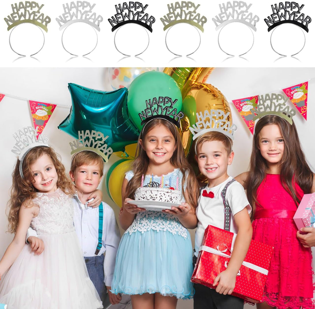 Amosfun HAPPY NEW YEAR Headband Tiara New Years Party Favors Gold Silver Black 12 Pieces