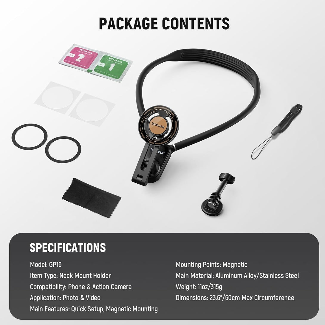 NEEWER Magnetic Neck Holder for Action Camera & Phone, Hands Free Tripod Chest Mount Compatible with Gopro DJI Insta360 Magsafe Iphone Android, Phone Holder for Video Recording POV Vlog, GP16