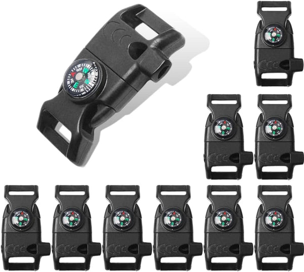 10Pcs Pack Black 5/8" Compass Flint Scraper Fire Starter Whistle Buckle Plastic Paracord Bracelet Outdoor Camping Emergency Survival Travel Kits #Flc158-Fwc(Black)