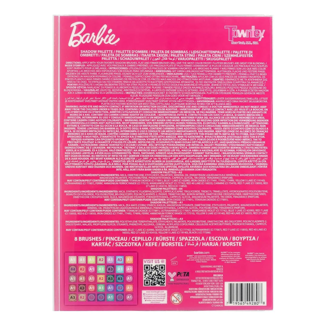 Barbie 35-Well Shadow Palette, Shimmery and Opaque Colors, Pigmented Blendable, 8 Application Brushes Ages 8+, Perfect for Parties, Sleepovers & Makeovers, by Townley Girl